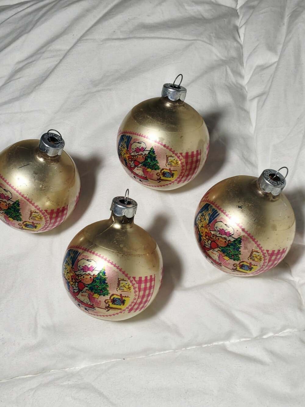 Strawberry Shortcake 1976 Vtg Glass Ornament Made USA 4 Pcs Retro Christmas Deco